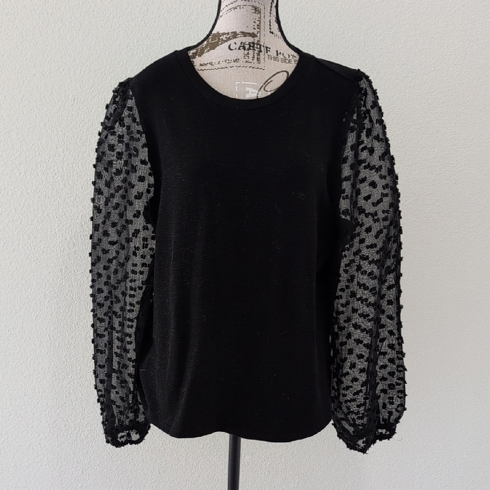 Maeve By Anthropologie Elegant Black Sheer Sleeve Top